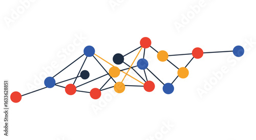 Connected colorful dots with black & yellow lines on white background