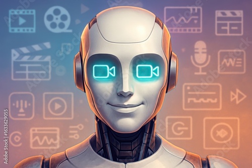 A humanoid robot with video camera icons in its eyes, symbolizing artificial intelligence in video production, digital media creation, and content automation.

