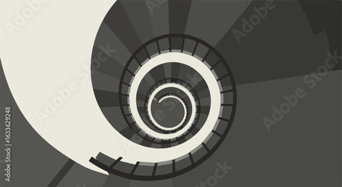 Stylized monochrome spiral staircase looking down, with rail