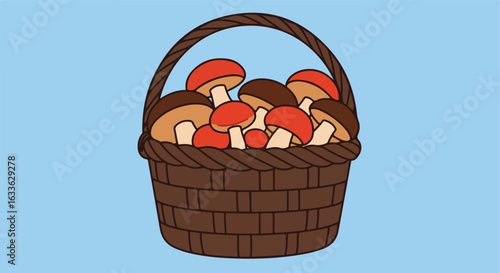 Cartoon brown basket, filled with red and brown capped mushrooms, on blue