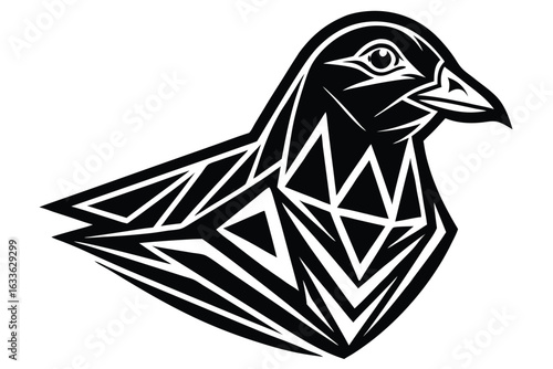 Abstract bird with strong black lines stands sharply on a white surface