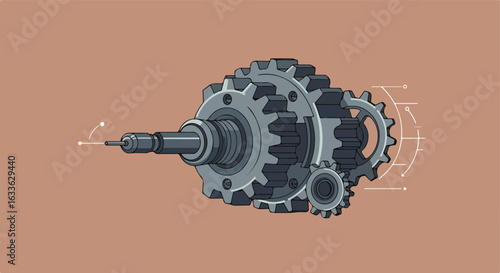 Gears and shaft, technical drawing style, on a muted brown background