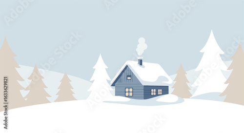 Snowy cabin nestled in winter