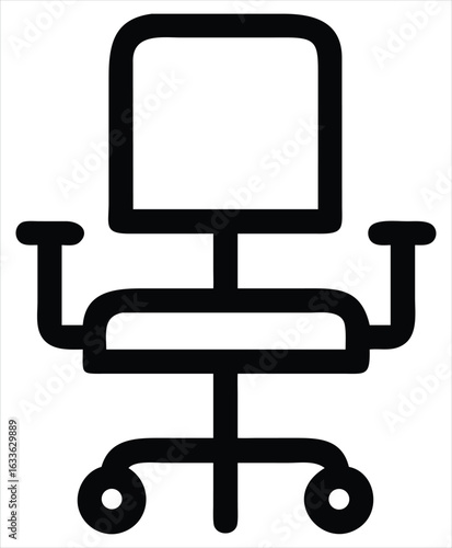Simple black and white line art icon of a modern office chair with wheels and armrests representing comfort and workspace