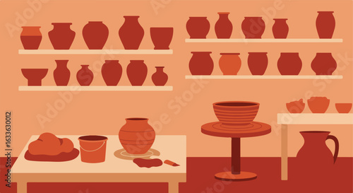 Pottery studio with shelves of finished works and tables for creation