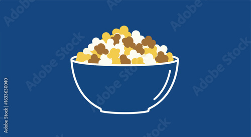 Bowl of cereal with milk, golden and brown clusters on a blue background