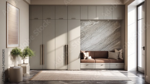 Modern interior design of a stylish foyer with storage cabinets and cozy seating area for relaxation and comfort in natural light