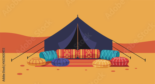 Stylized camping scene with a tent, pillows, and colorful poufs on sandy ground