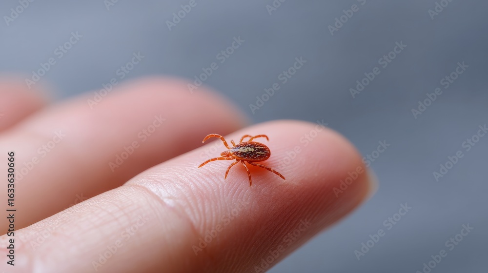 Naklejka premium Close-up of a tiny tick perched on a human fingertip. This macro photography captures the intricate details and color of this small creature. An educational and informative style. AI