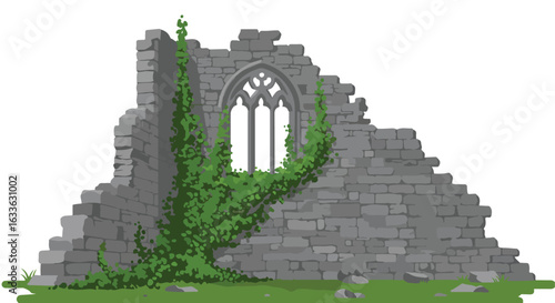 Stone ruins with arched window overtaken by vines, set on grass