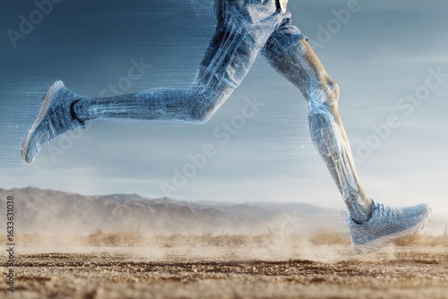 Biomechanical analysis of running gait cycle showcasing leg movement and dynamics in a desert landscape during daytime