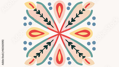 Floral pattern with teardrop shapes leaves and dots arranged symmetrically on a white background