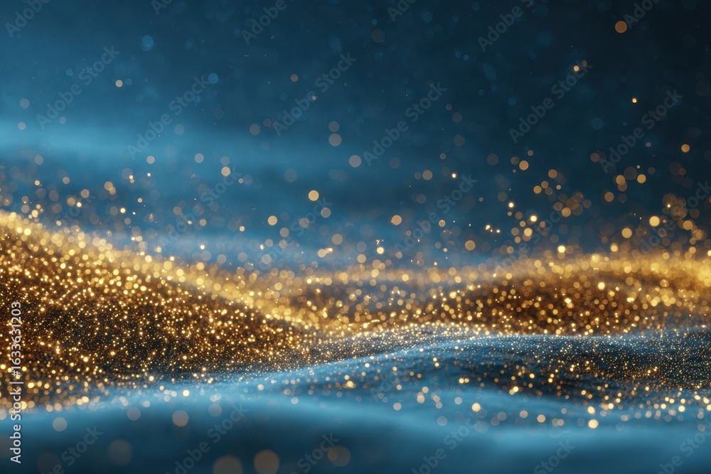 Fototapeta premium Gold dust particles swirl gracefully against a captivating blue background, creating a mesmerizing visual display of sparkling light in an abstract setting