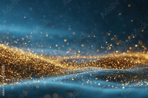 Gold dust particles swirl gracefully against a captivating blue background, creating a mesmerizing visual display of sparkling light in an abstract setting