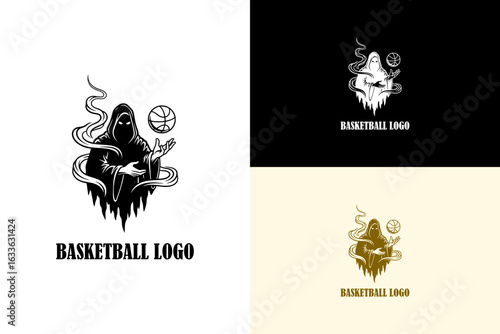 phantom holding a levitating basketball illustration, icon, vector logo for basketball club, basketball league, athletic, basketball team badge, basketball tournament, and more