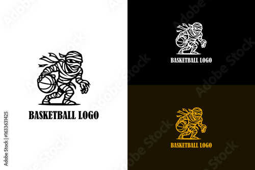 mummy holding a basketball in hand illustration, icon, vector logo for basketball team badge, basketball tournament, sports, basketball league, basketball club, athletic, and more