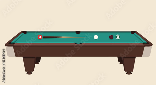 Billiards table with cue, balls, green felt, and dark wood frame