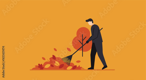 Man raking leaves into a pile near a stylized tree against an orange background