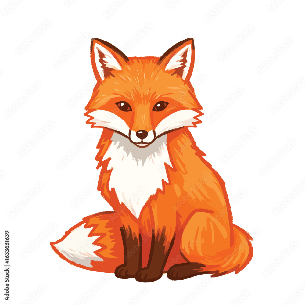 Obraz premium A charming cartoon red fox sitting down illustrated in a painterly style with a bushy whitetipped tail.