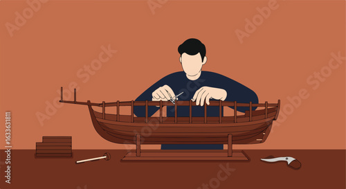 Person meticulously crafting a small wooden boat model with tools