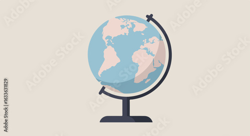 Cartoon globe on stand with light blue oceans and tan continents