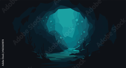 Teal cave opening, water flowing, some plants