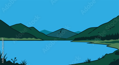 Flat, cartoonish lake bordered by mountains and forest against a blue sky