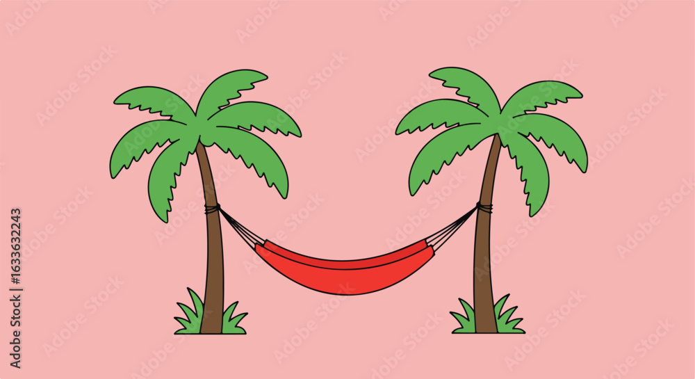 Obraz premium Cartoon of a red hammock strung between two cartoon palm trees