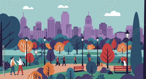 Stylized scene of people enjoying a city park with skyline backdrop