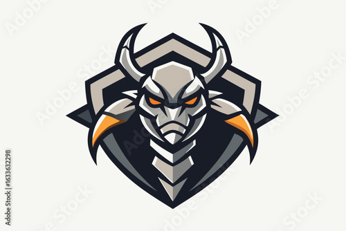 Armored warrior emblem displays a helmeted figure with orange eyes and hornlike features