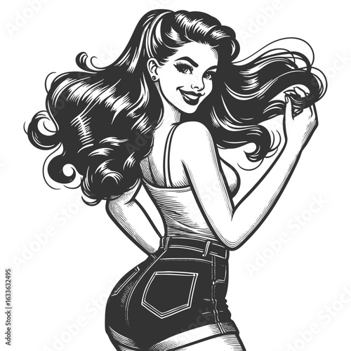 cheerful pin-up girl in high-waisted shorts, playfully flipping her long wavy hair sketch engraving generative ai fictional character vector illustration. Scratch board imitation. Black and white.