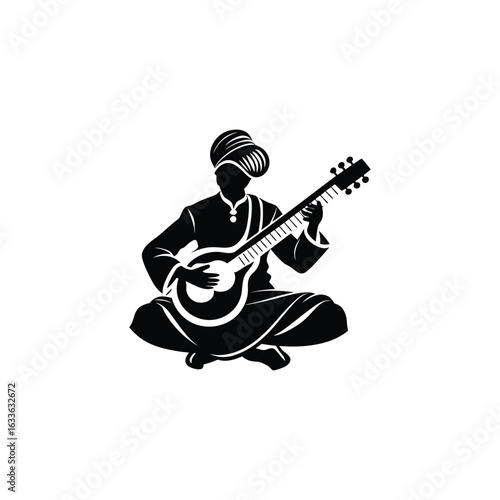 Indian musician in a turban playing a sitar silhouette. Traditional Indian classical music vector icon.