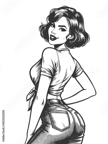 woman in tight jeans and tied top, glancing back with a playful, bold expression sketch engraving generative ai fictional character vector illustration. Scratch board imitation. Black and white image.