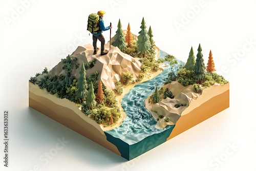 3D isometric icon illustration of a hiker with a backpack and walking stick standing on the top of a mountain in a forest,