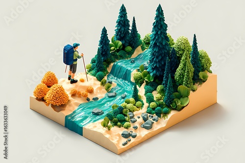3D isometric icon illustration of a hiker with a backpack and walking stick standing on the top of a mountain in a forest,