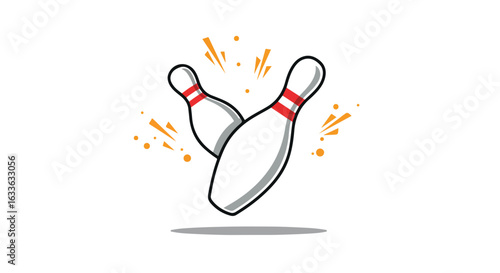 Two bowling pins with red stripe and orange flashes on a white background