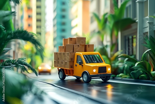 3D render of a yellow delivery truck with cardboard boxes on the roof, driving through a cartoon city street.