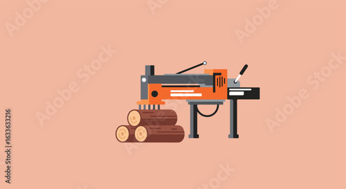 An orange log splitter with stacked wood, on a peach-colored background