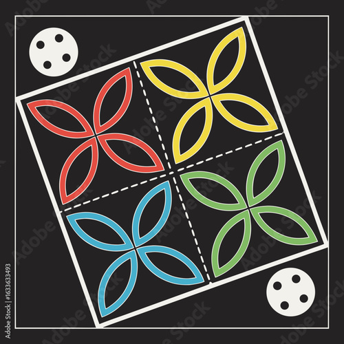 A geometric, four-paneled illustration with a red, yellow, blue and green floral element in each section, set on a black background. Dice symbols are in the upper left and lower right corners.

