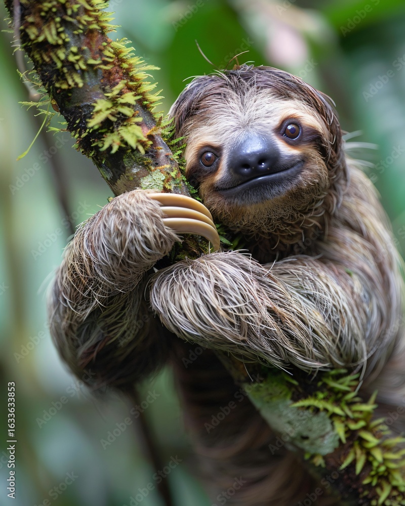 Fototapeta premium Pygmy Three-Toed Sloth in Mangrove Forest – Rare and Endangered Island Mammal