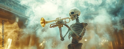 A skeleton playing the trumpet in an ethereal space with clouds of smoke and lights, creating an atmosphere reminiscent of magical realism. 