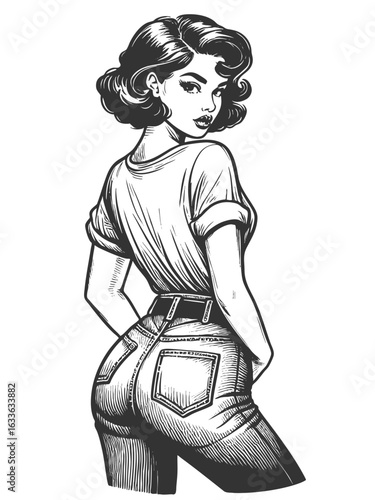 confident woman in cuffed t-shirt and fitted jeans, glancing back with a bold expression sketch engraving generative ai fictional character vector illustration. Scratch board. Black and white image.