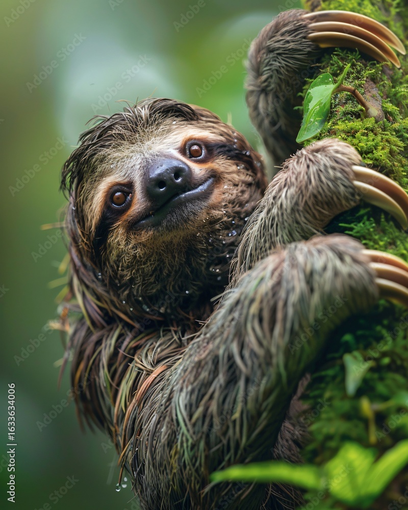 Fototapeta premium Pygmy Three-Toed Sloth in Mangrove Forest – Rare and Endangered Island Mammal