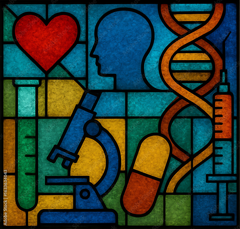 Obraz premium Abstract stained glass design featuring heart, DNA helix, syringe, microscope, and medical tools, symbolizing healthcare and scientific research, healthcare and medical background