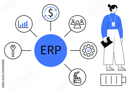 Enterprise ERP structure with finance, analytics, teamwork, manufacturing, maintenance, and systems. Ideal for business, process management, data solutions automation enterprise efficiency simple