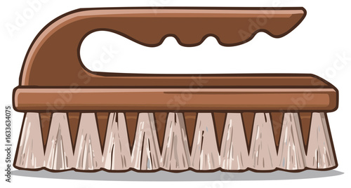 Brown scrub brush with ergonomic handle and white bristles, cartoon illustration for cleaning and household tasks