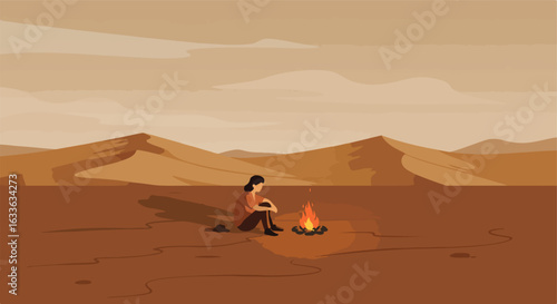 Campfire in a flat desert, person sitting near small fire, sand dunes