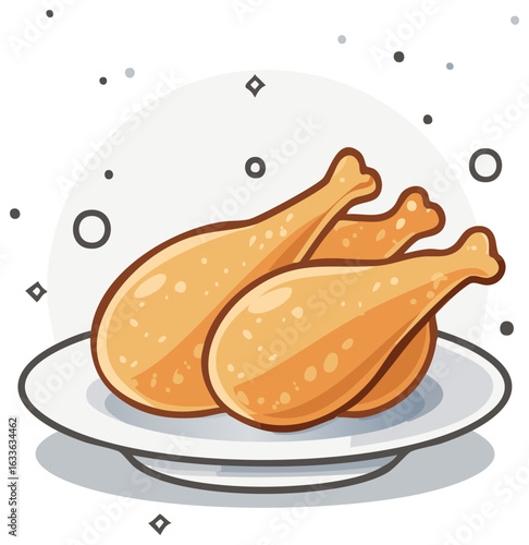 Fried chicken drumsticks on plate. Poultry food illustration. Cartoon meal served, cooked chicken legs dish.