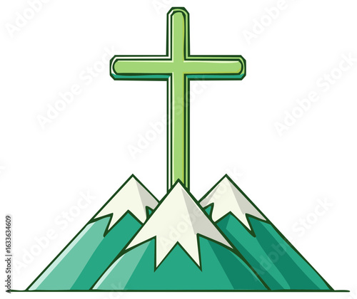 Illustration of a cross atop mountains with snow, religious symbol, faith, green tones