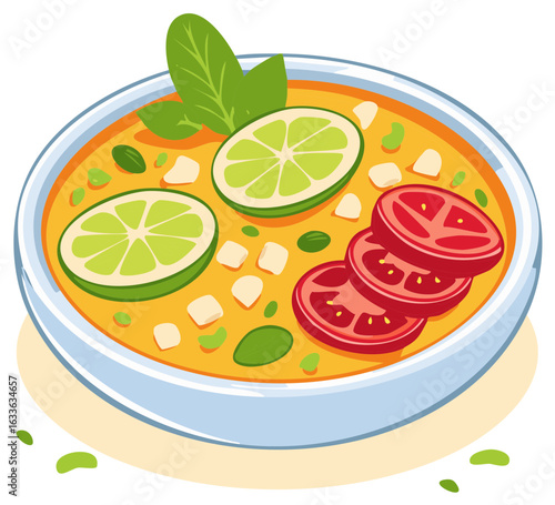 Delicious bowl of soup with tomatoes, lime slices, herbs, and creamy broth illustration